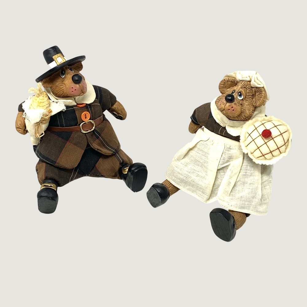Russ Berrie Figurines Brown Pilgrim Bears Thanksgiving Harvest Vintage